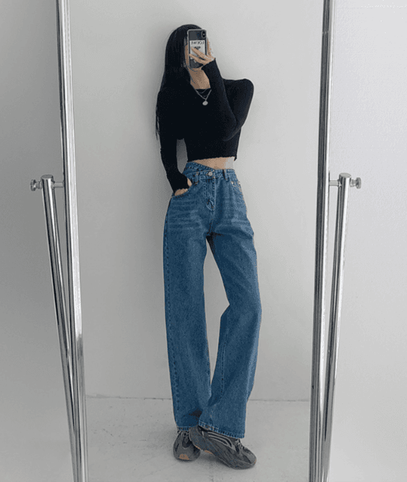 骨格ナチュラルウエストアクセントストレートデニムパンツ