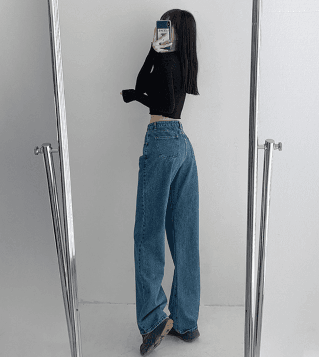 骨格ナチュラルウエストアクセントストレートデニムパンツ