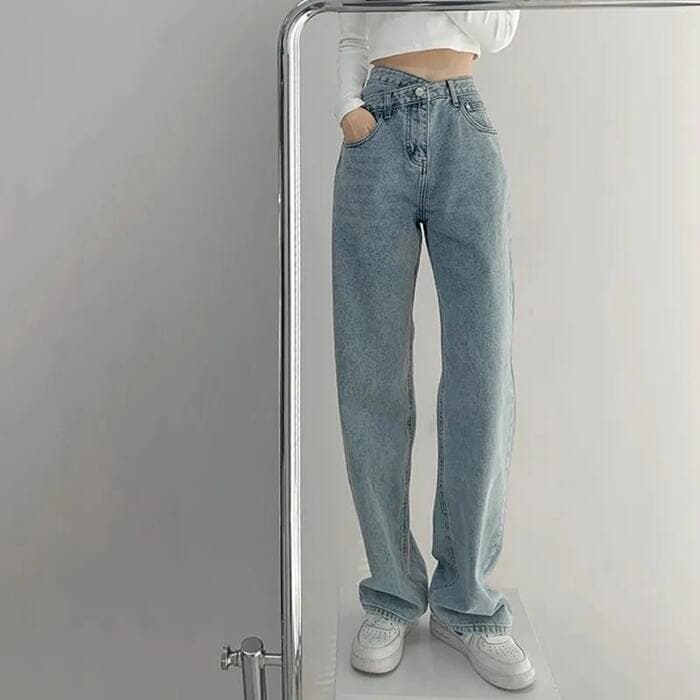 骨格ナチュラルウエストアクセントストレートデニムパンツ
