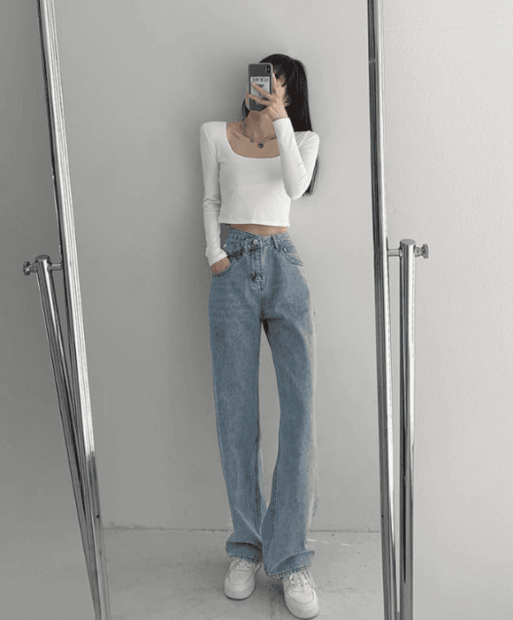 骨格ナチュラルウエストアクセントストレートデニムパンツ