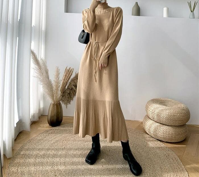 骨格ナチュラルプチネックウエストリボンプリーツニットワンピース