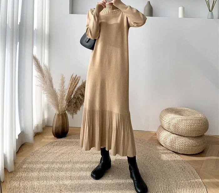 骨格ナチュラルプチネックウエストリボンプリーツニットワンピース