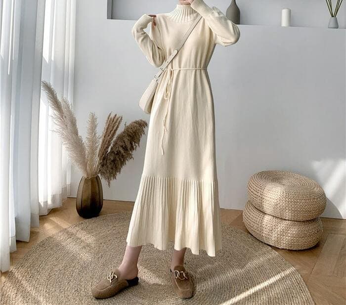 骨格ナチュラルプチネックウエストリボンプリーツニットワンピース