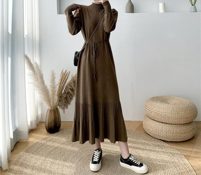 骨格ナチュラルプチネックウエストリボンプリーツニットワンピース