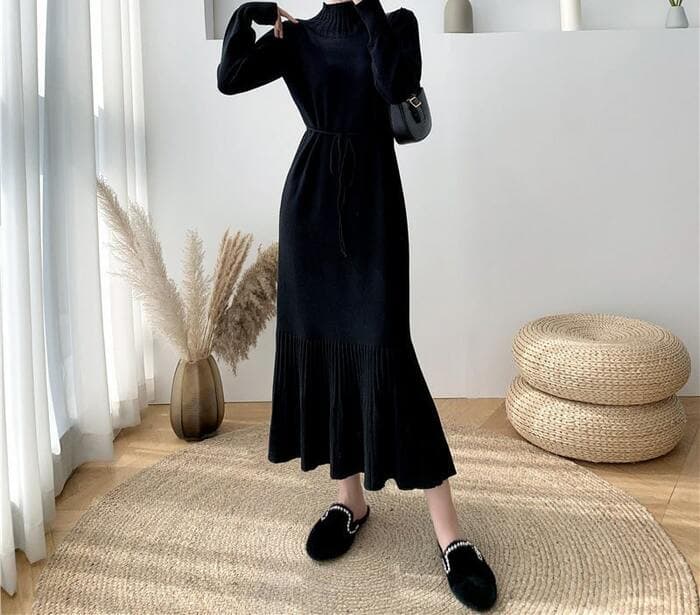 骨格ナチュラルプチネックウエストリボンプリーツニットワンピース