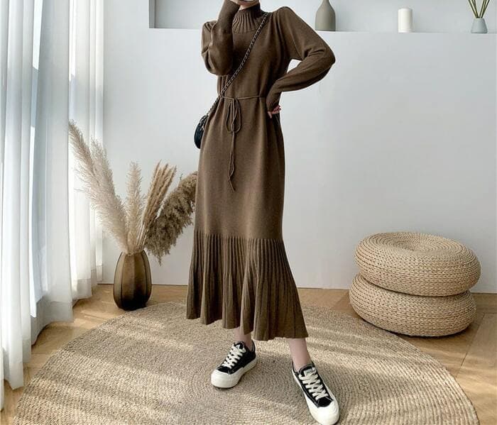 骨格ナチュラルプチネックウエストリボンプリーツニットワンピース