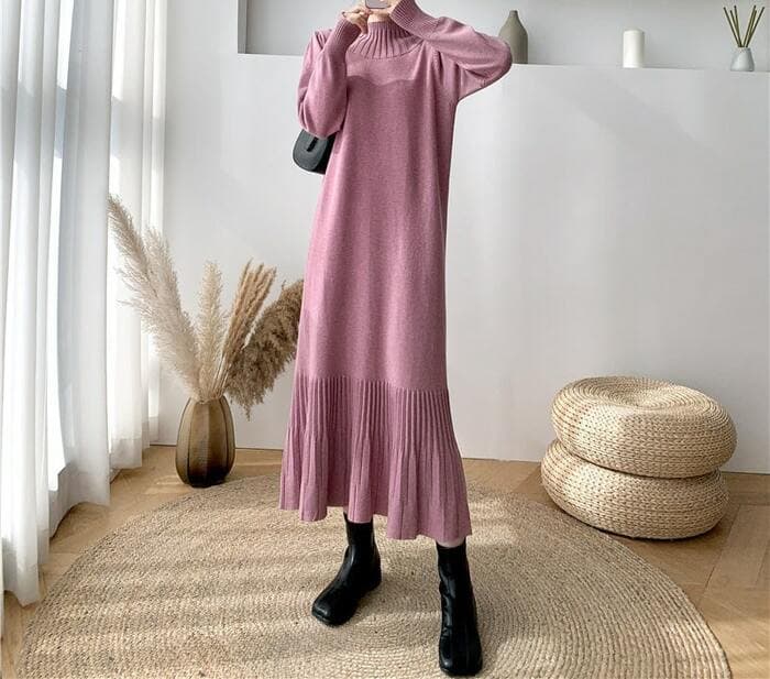 骨格ナチュラルプチネックウエストリボンプリーツニットワンピース