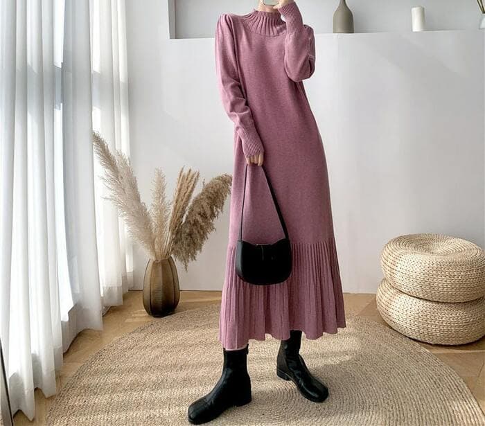 骨格ナチュラルプチネックウエストリボンプリーツニットワンピース