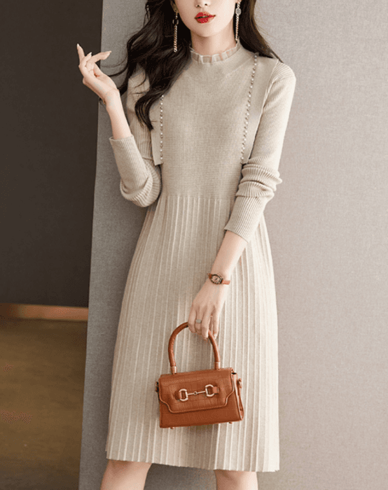 骨格ナチュラル膝丈フリルフェミニンワンピース