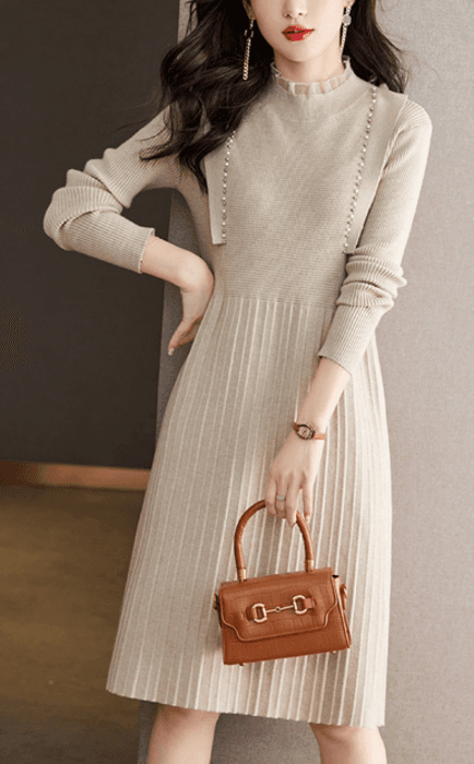 骨格ナチュラル膝丈フリルフェミニンワンピース