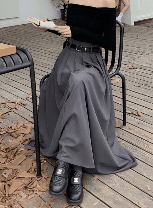 骨格ナチュラルロングドレーププリーツスカート