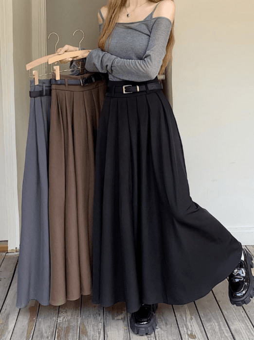 骨格ナチュラルロングドレーププリーツスカート