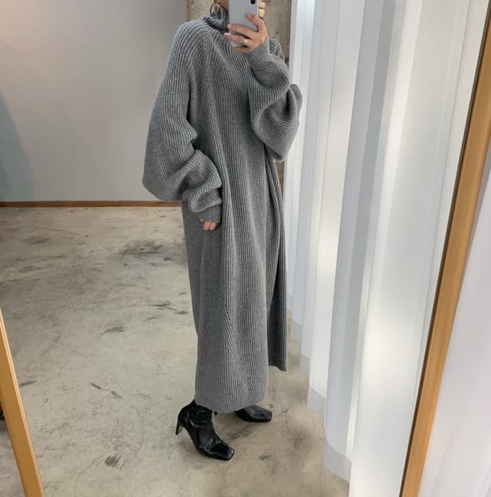 骨格ナチュラルリブニットロングワンピース