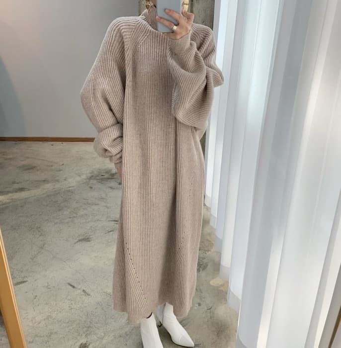骨格ナチュラルリブニットロングワンピース