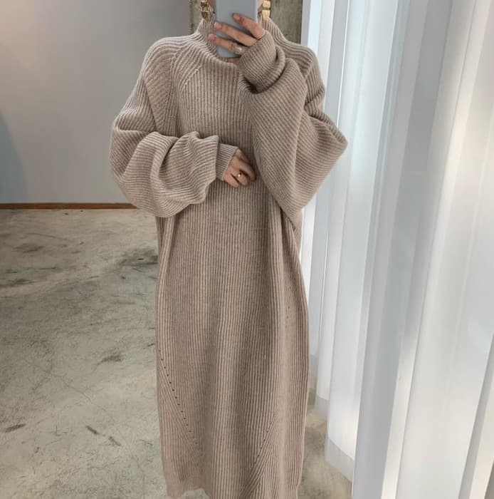 骨格ナチュラルリブニットロングワンピース