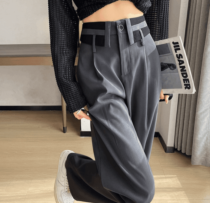 骨格ナチュラル折り返しウエストデザインワイドパンツ