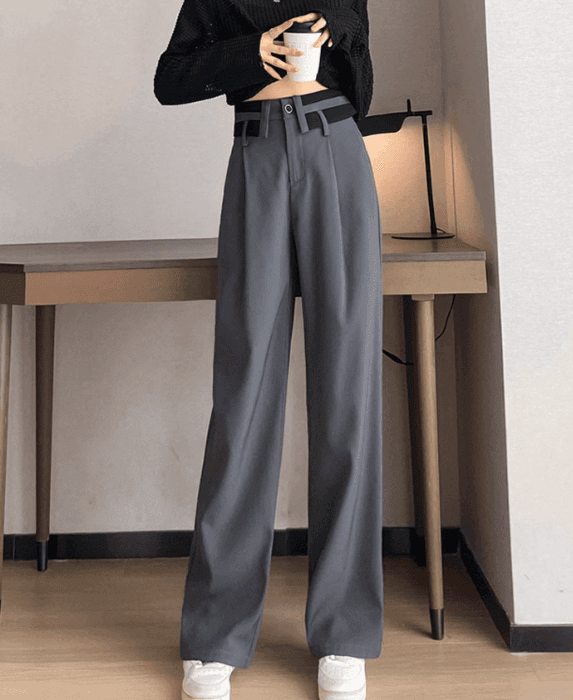 骨格ナチュラル折り返しウエストデザインワイドパンツ