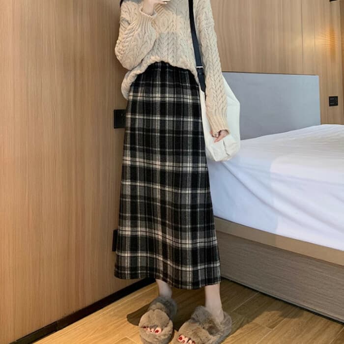 骨格ナチュラル裏起毛チェックロングスカート
