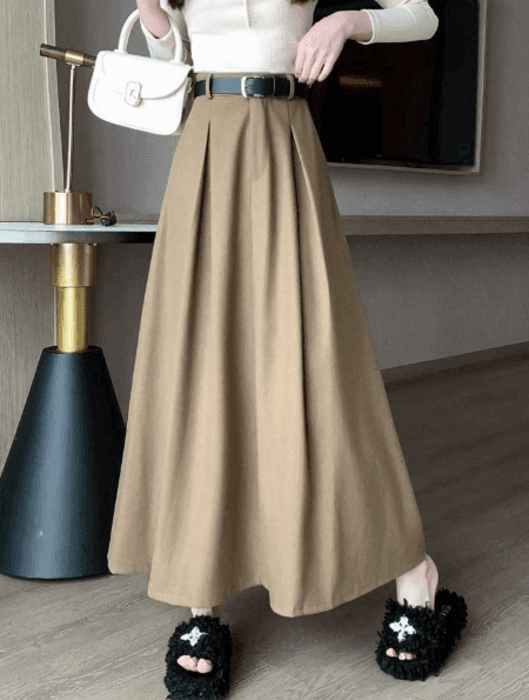 骨格ナチュラルベルト付き太プリーツロングフレアスカート