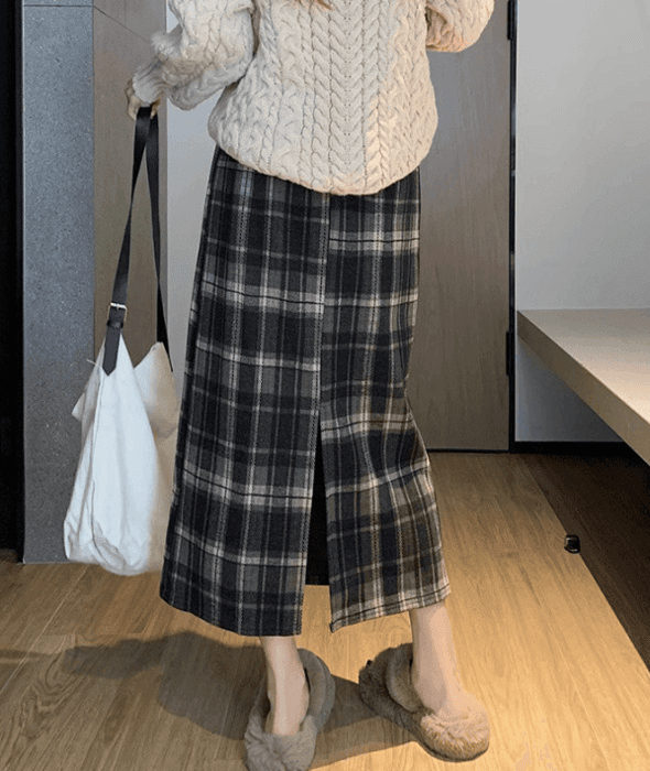 骨格ナチュラル裏起毛チェックロングスカート