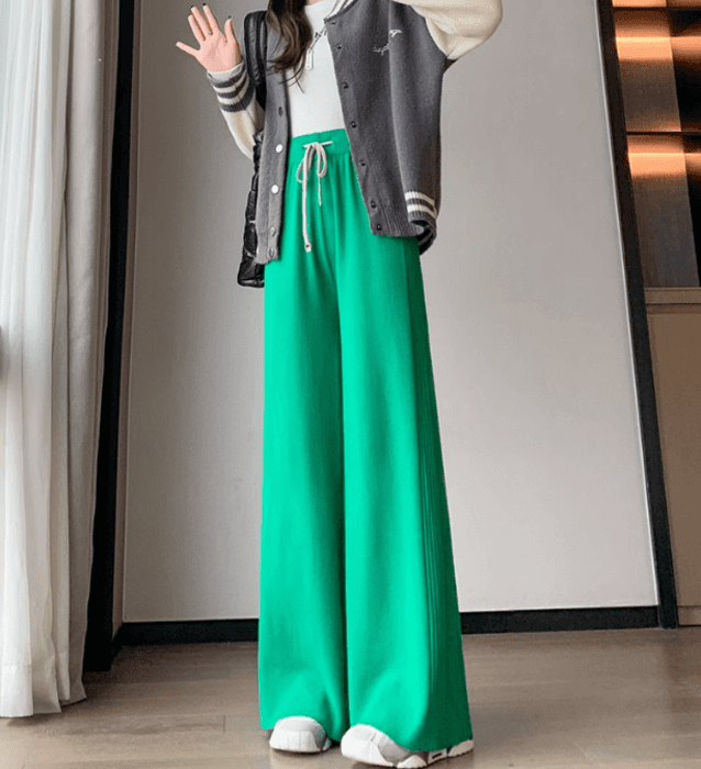 骨格ナチュラルサイドプリーツニットワイドパンツ