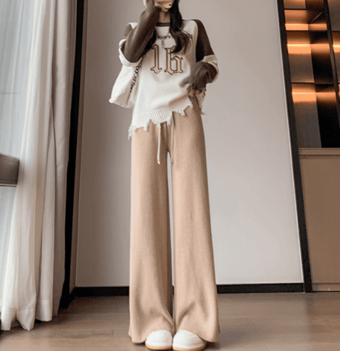 骨格ナチュラルサイドプリーツニットワイドパンツ