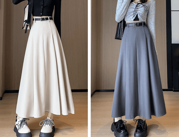 骨格ナチュラル太プリーツロングフレアスカート