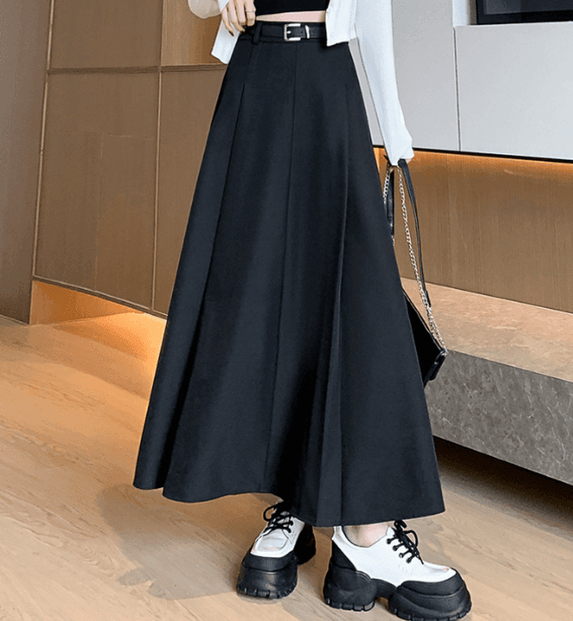 骨格ナチュラル太プリーツロングフレアスカート