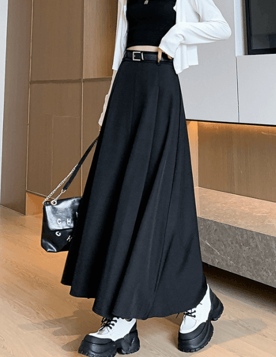 骨格ナチュラル太プリーツロングフレアスカート