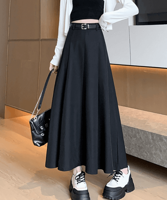 骨格ナチュラル太プリーツロングフレアスカート