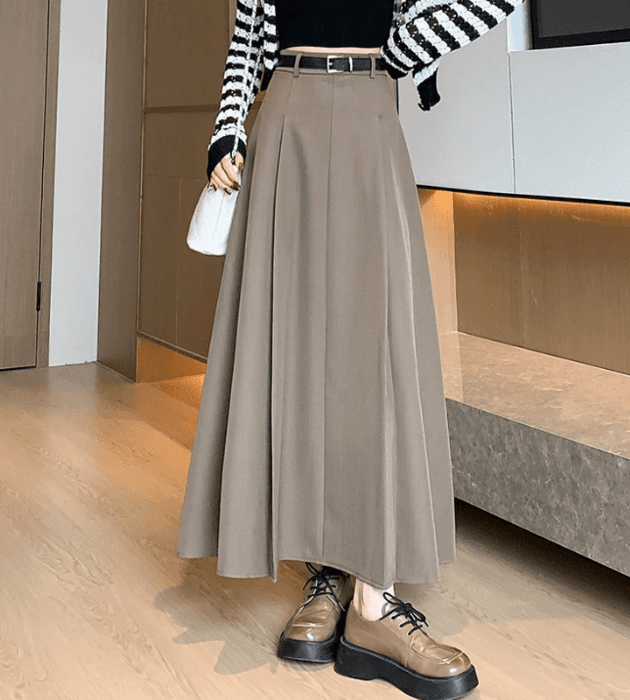 骨格ナチュラル太プリーツロングフレアスカート