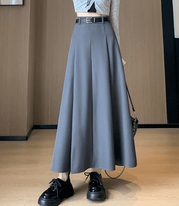 骨格ナチュラル太プリーツロングフレアスカート