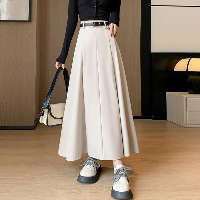骨格ナチュラル太プリーツロングフレアスカート