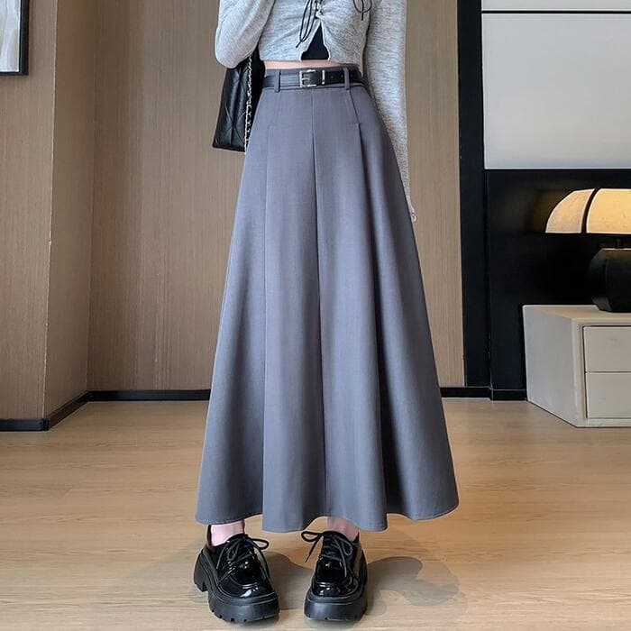 骨格ナチュラル太プリーツロングフレアスカート