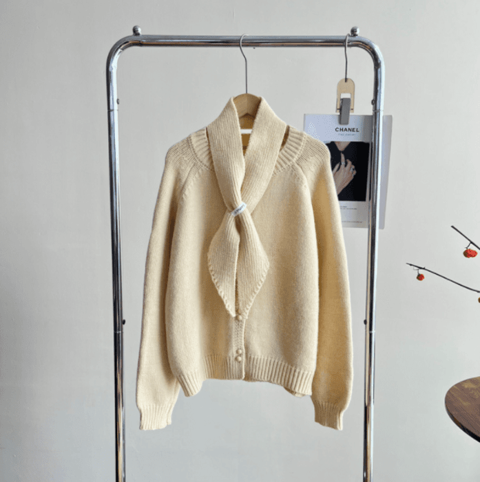 骨格ナチュラルセータースカーフツーピースニットカーディガン