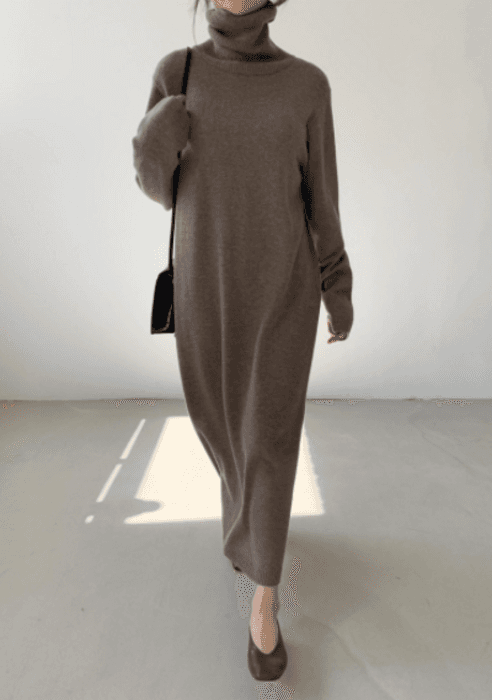 骨格ナチュラルタートルネックニットロングワンピース