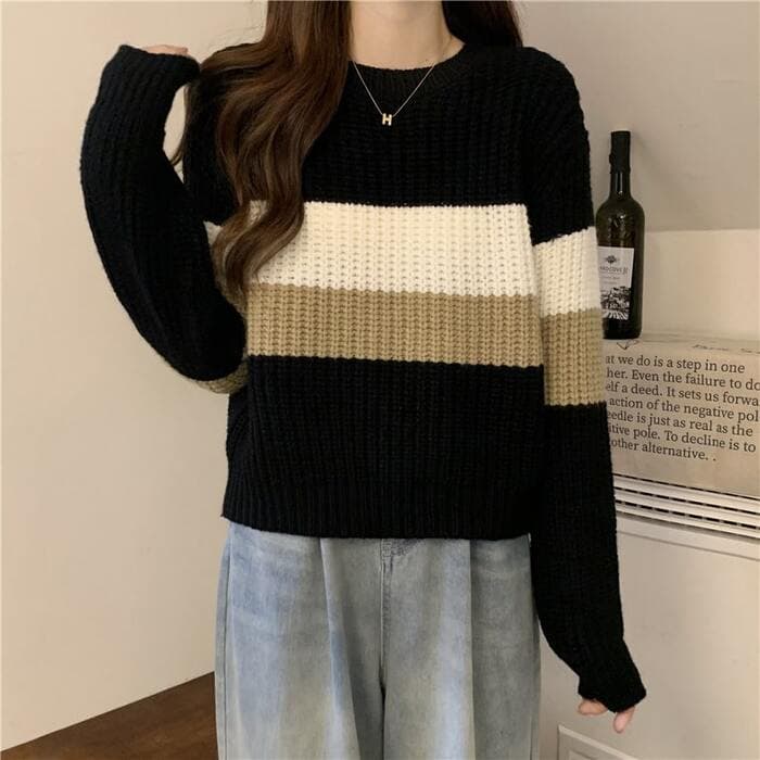 骨格ナチュラル配色ラインニットトップス