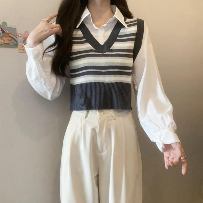 骨格ナチュラルフェイクツーピースプレッピートップス