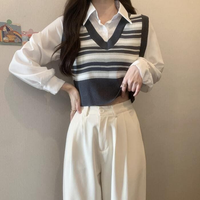骨格ナチュラルフェイクツーピースプレッピートップス