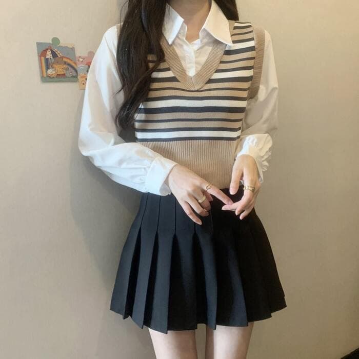 骨格ナチュラルフェイクツーピースプレッピートップス