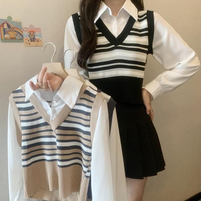 骨格ナチュラルフェイクツーピースプレッピートップス