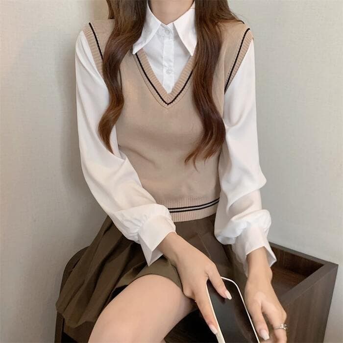 骨格ナチュラルフェイクツーピースカレッジベストトップス