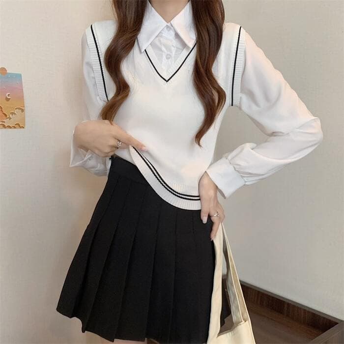 骨格ナチュラルフェイクツーピースカレッジベストトップス