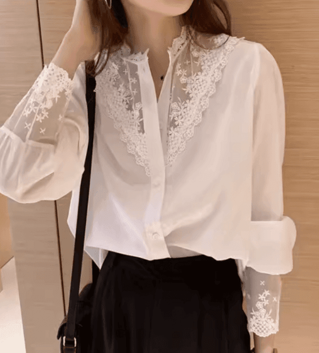 骨格ナチュラル切り替えレースブラウストップス