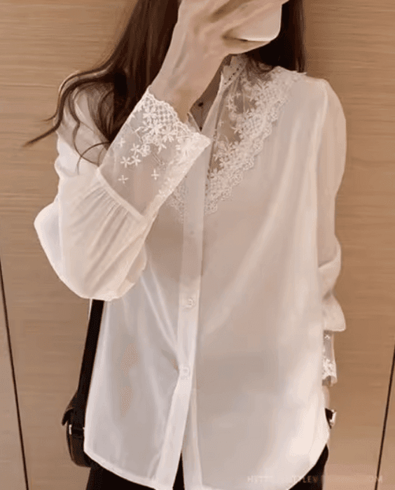 骨格ナチュラル切り替えレースブラウストップス