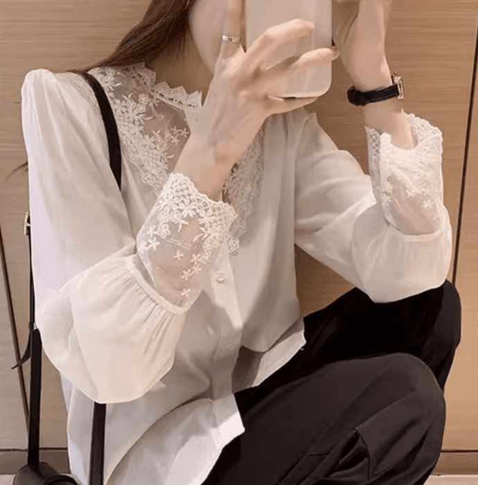 骨格ナチュラル切り替えレースブラウストップス