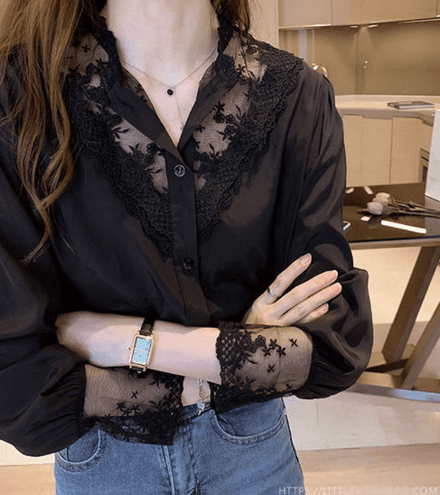 骨格ナチュラル切り替えレースブラウストップス