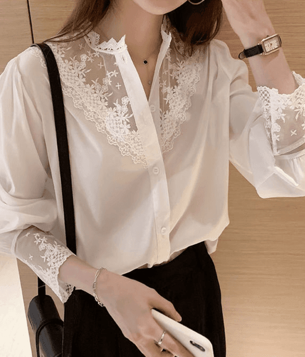 骨格ナチュラル切り替えレースブラウストップス