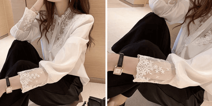 骨格ナチュラル切り替えレースブラウストップス