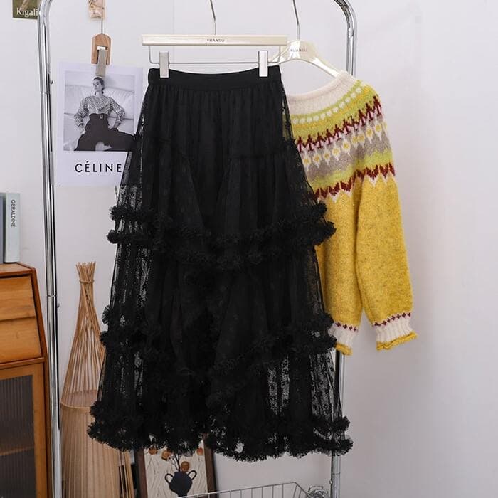 骨格ナチュラルフリルチュールティアードスカート